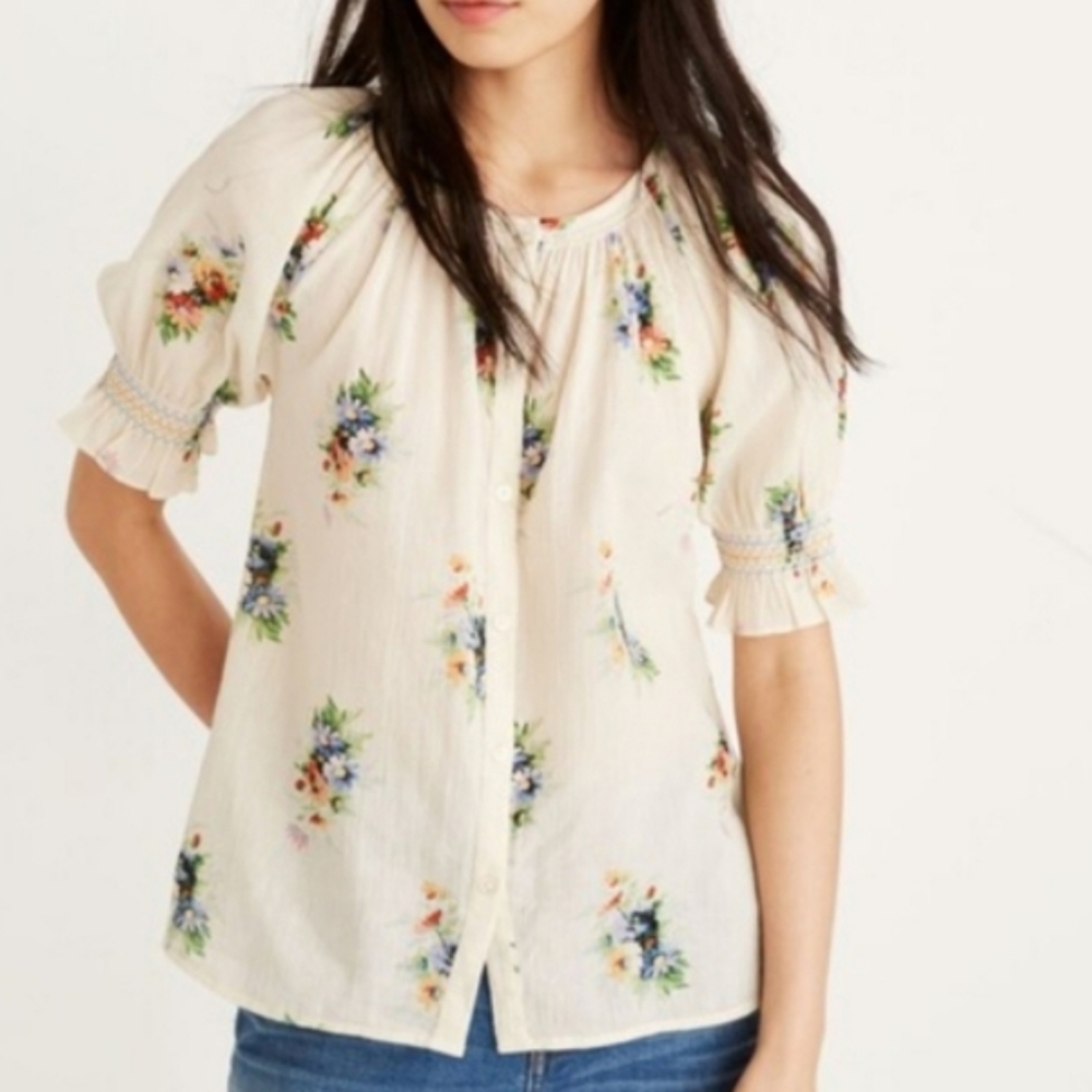 Madewell Button Up Smocked Blouse Flower Floral XXL 2X